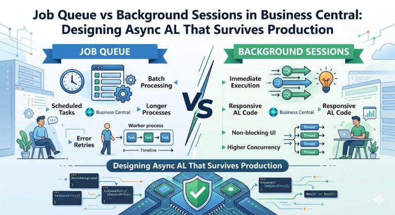 job queue vs background sessions in business central designing async al that survives production